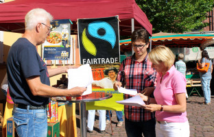 Martina Fehlner am Infostand der SPD auf dem Amorbacher Wochenmarkt. Über 1000 Unterschriften wurden so in den vergangenen Wochen gesammelt.